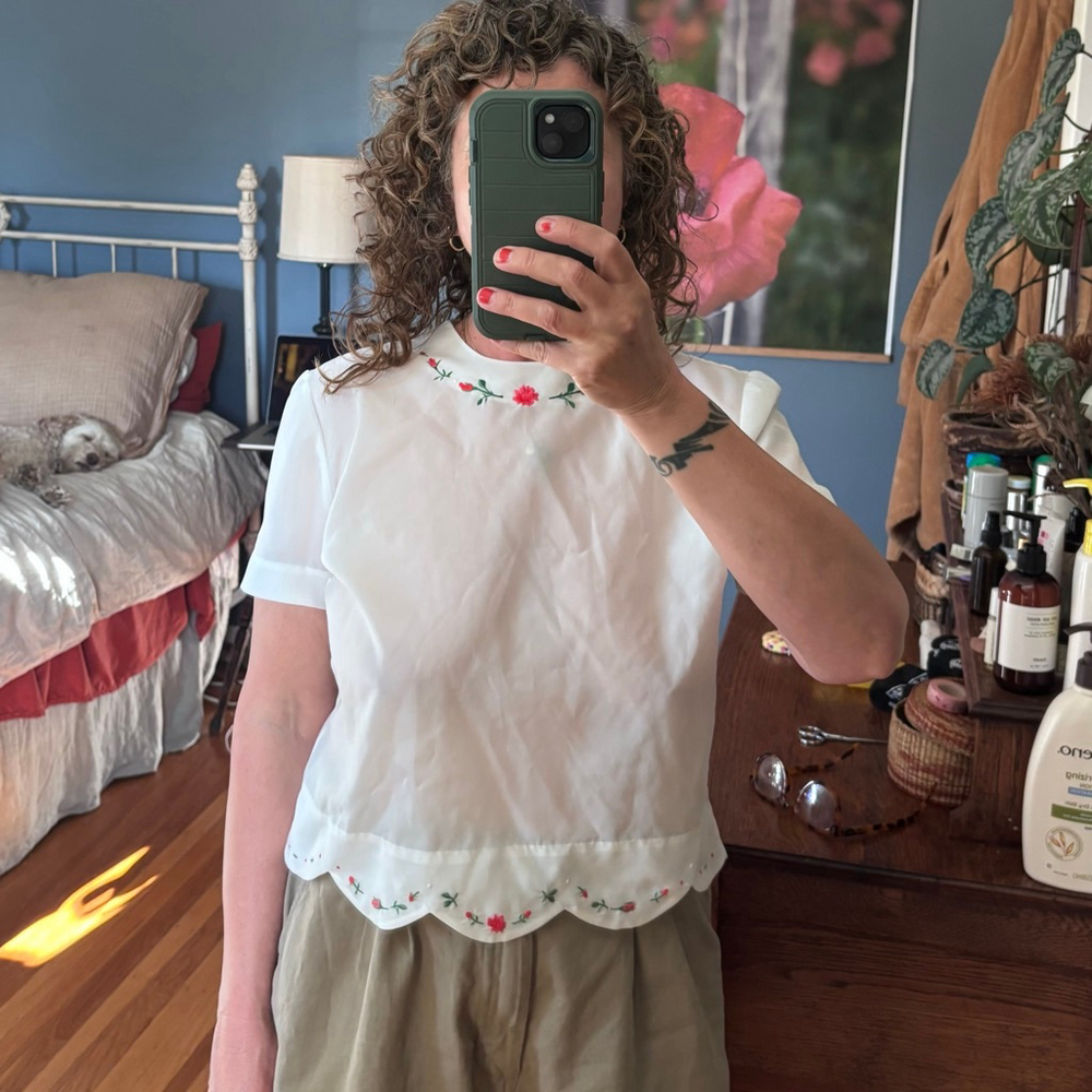 Women's Alsem Original White Blouse with Red Floral Embroidery Shirt